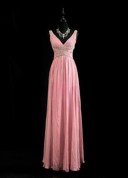 Vintage Prom Dresses 80s A Line V Neckline Chiffon Pink With Beading Evening Dress Formal Outfits RB5818