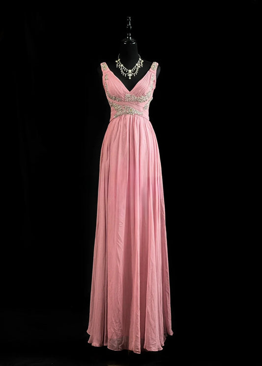 Vintage Prom Dresses 80s A Line V Neckline Chiffon Pink With Beading Evening Dress Formal Outfits RB5818