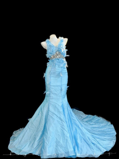 Modest Prom Dresses Mermaid V Neck Light Sky Blue With Beading Long Evening Formal Outfits RB3348