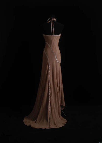 Unique Mermaid Halter Brown Chiffon 90s With Beads Floor Length Evening For Women Party Dresses Long Formal Prom Dresses 21st Birthday Gowns AS005