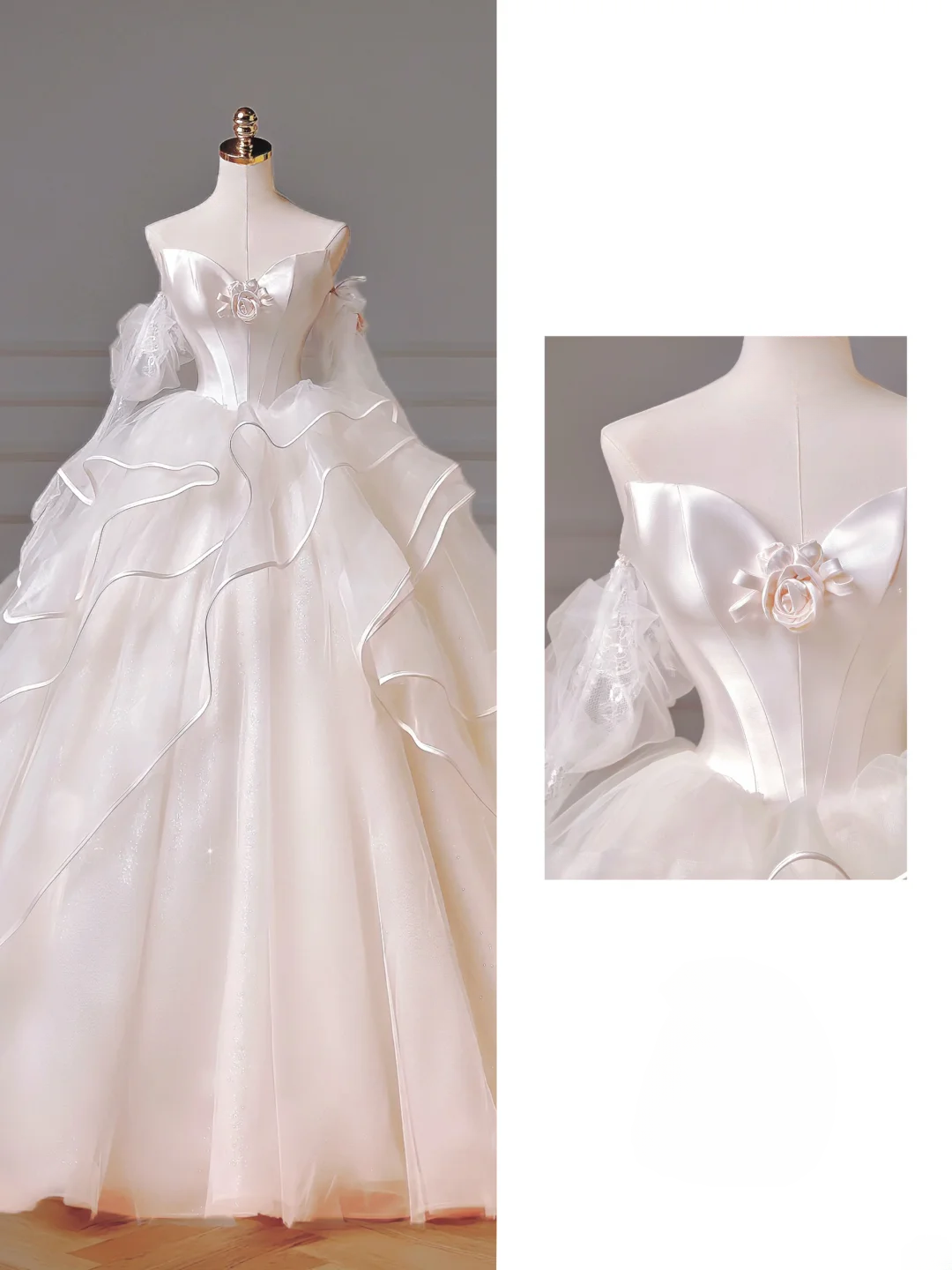 Robe de mariée longue de princesse, robe de bal épaules dénudées, manches longues, tulle plissé, traîne, robe de mariée blanche AQ005