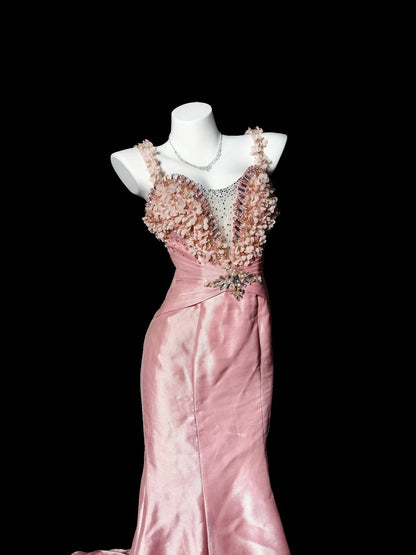 Vintage Prom Dresses Mermaid Spaghetti Strap Pink Satin With Beading 1950s Retro Classy Party Formal Outfits RB6357