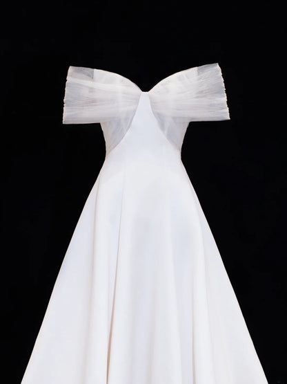 Robes de mariée élégantes et sobres pour la mariée, robe de bal épaules dénudées à manches courtes en satin, robes de mariée pour femmes petites et grandes tailles SA005