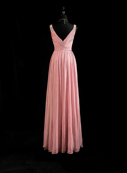 Vintage Prom Dresses 80s A Line V Neckline Chiffon Pink With Beading Evening Dress Formal Outfits RB5818