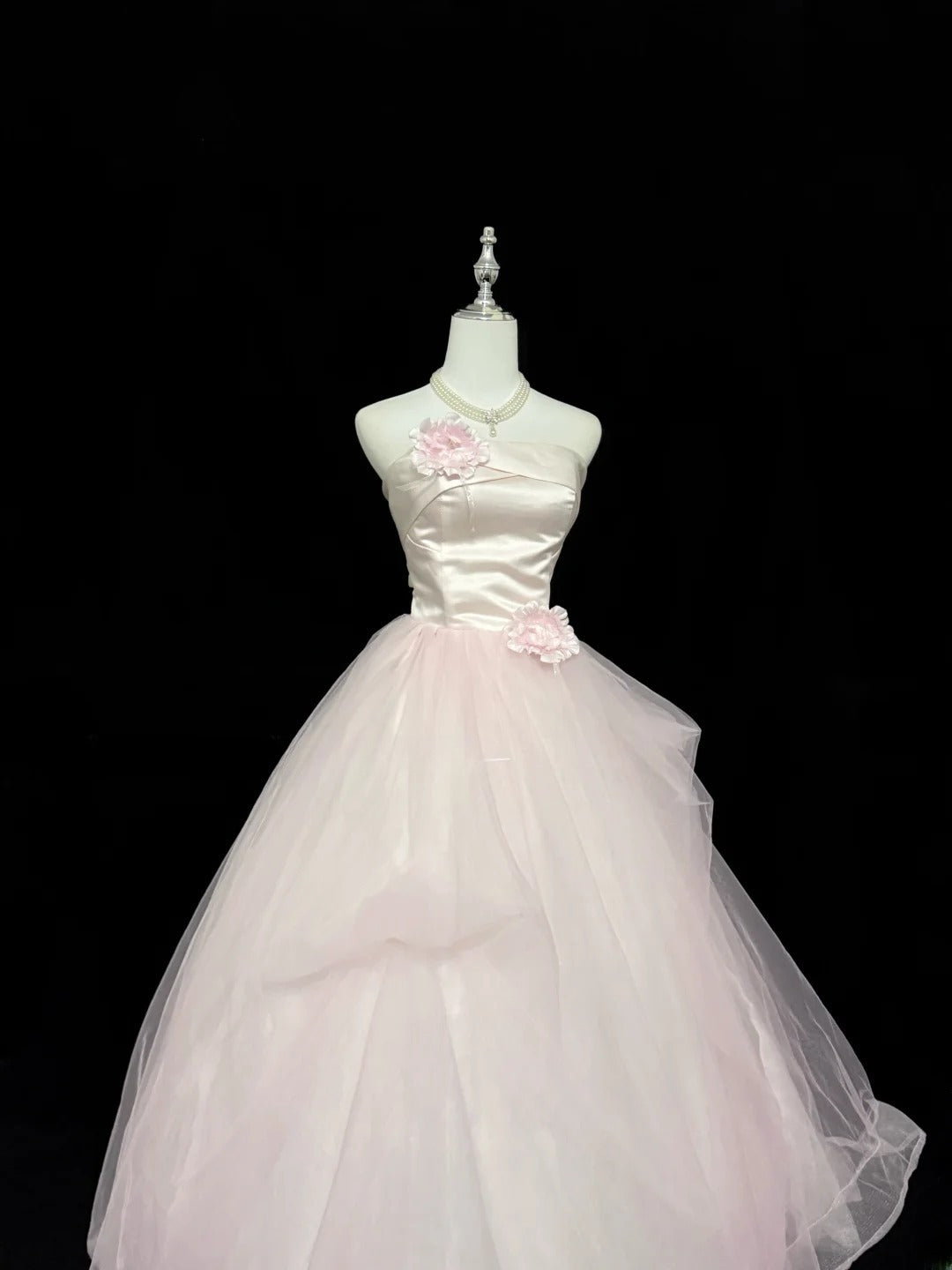 Princess Prom Dresses Ball Gown Pink Strapless Sleeveless Floor Length Tulle Evening Long Formal Dress RB7379