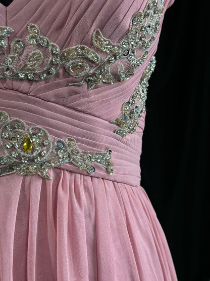 Vintage Prom Dresses 80s A Line V Neckline Chiffon Pink With Beading Evening Dress Formal Outfits RB5818