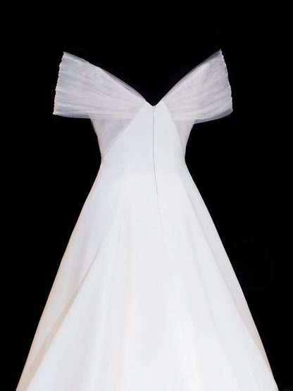 Robes de mariée élégantes et sobres pour la mariée, robe de bal épaules dénudées à manches courtes en satin, robes de mariée pour femmes petites et grandes tailles SA005