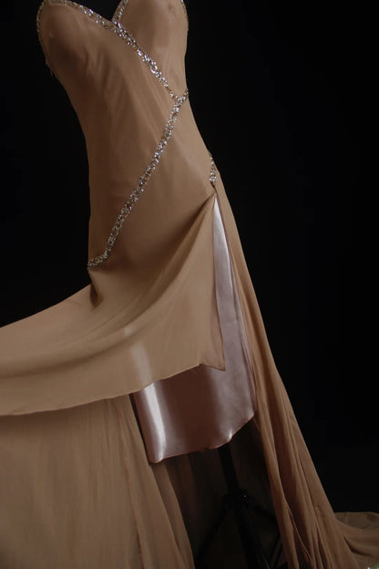 Unique Mermaid Halter Brown Chiffon 90s With Beads Floor Length Evening For Women Party Dresses Long Formal Prom Dresses 21st Birthday Gowns AS005