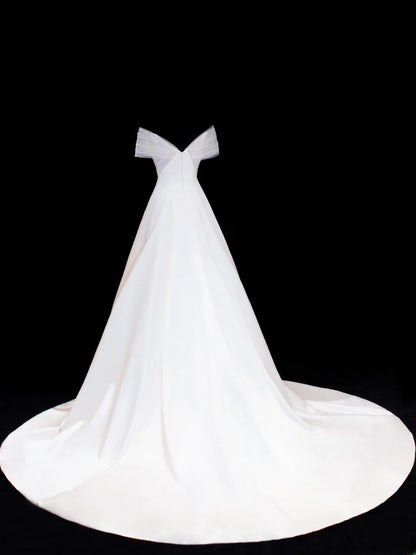 Robes de mariée élégantes et sobres pour la mariée, robe de bal épaules dénudées à manches courtes en satin, robes de mariée pour femmes petites et grandes tailles SA005