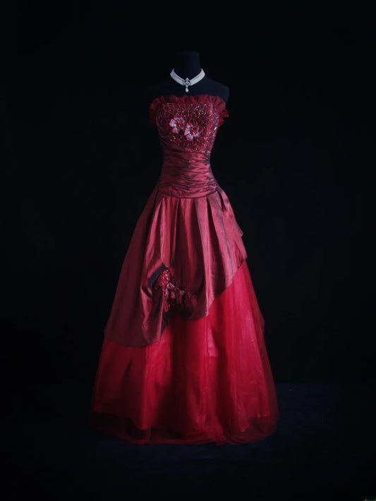 Retro-Ballkleid, trägerlos, burgunderrot, Tüll, 90er-Jahre-Stil, mit Perlen, Abendkleid für Damen, Partykleid, langes formelles Ballkleid, Kleid zum 21. Geburtstag AS006