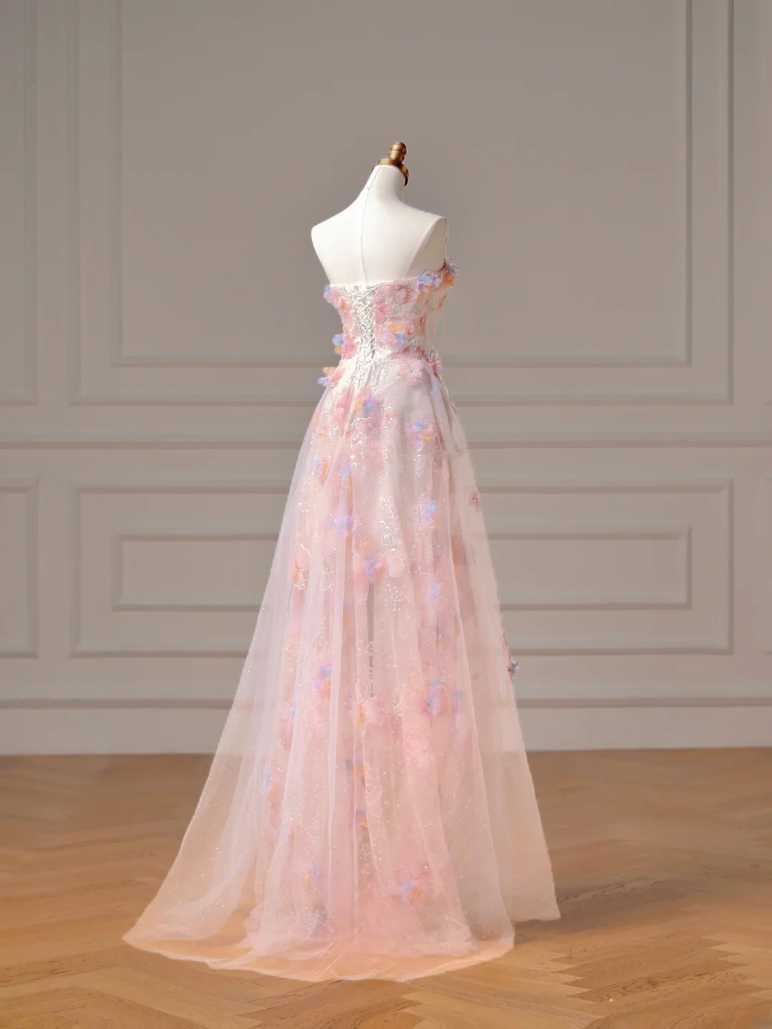 Robe de bal modeste, esthétique, coupe trapèze, bustier, dentelle rose et tulle, inspiration cape, robe de soirée longue pour adolescentes et lycéennes AQ006