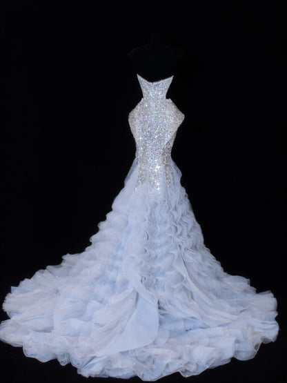 Paillettenbesetztes, trägerloses Meerjungfrauen-Abendkleid mit Falten, elegantes langes Tüllkleid für festliche Anlässe SA006