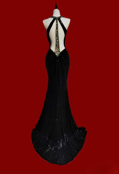 Robe de soirée sirène longue à sequins noirs et perles dorées, col rond, style modeste, idéale pour les bals de fin d'année des lycéennes (AB2516)
