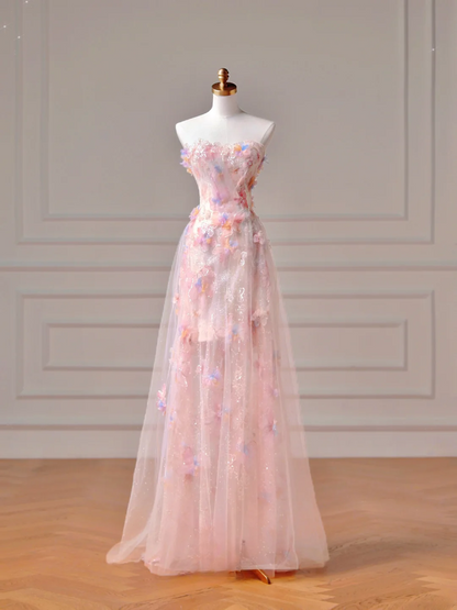 Robe de bal modeste, esthétique, coupe trapèze, bustier, dentelle rose et tulle, inspiration cape, robe de soirée longue pour adolescentes et lycéennes AQ006