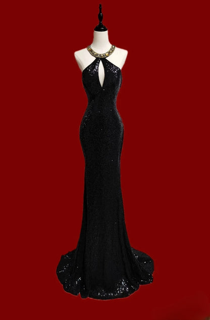 Robe de soirée sirène longue à sequins noirs et perles dorées, col rond, style modeste, idéale pour les bals de fin d'année des lycéennes (AB2516)