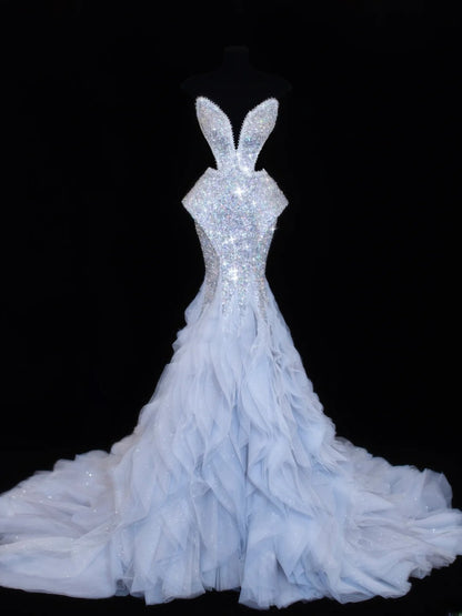 Paillettenbesetztes, trägerloses Meerjungfrauen-Abendkleid mit Falten, elegantes langes Tüllkleid für festliche Anlässe SA006