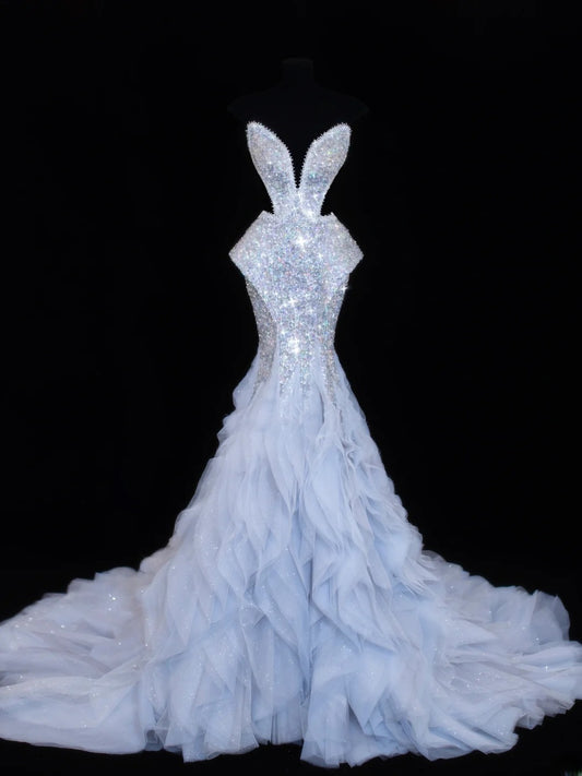 Sequin Prom Dress Aesthetic Mermaid Strapless With Pleated Style Impress Tulle Long Prom Dresses Party Formal Gowns SA006
