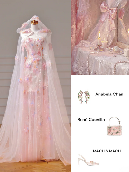 Robe de bal modeste, esthétique, coupe trapèze, bustier, dentelle rose et tulle, inspiration cape, robe de soirée longue pour adolescentes et lycéennes AQ006