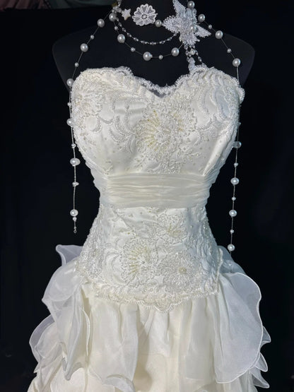 Zeitloses, ärmelloses, weißes Chiffon-Brautkleid im Meerjungfrauenstil mit herzförmigem Ausschnitt, Stufenrock, Faltenrock, Perlen und Spitze, langes Vintage-Brautkleid im Stil der 1920er Jahre AS006