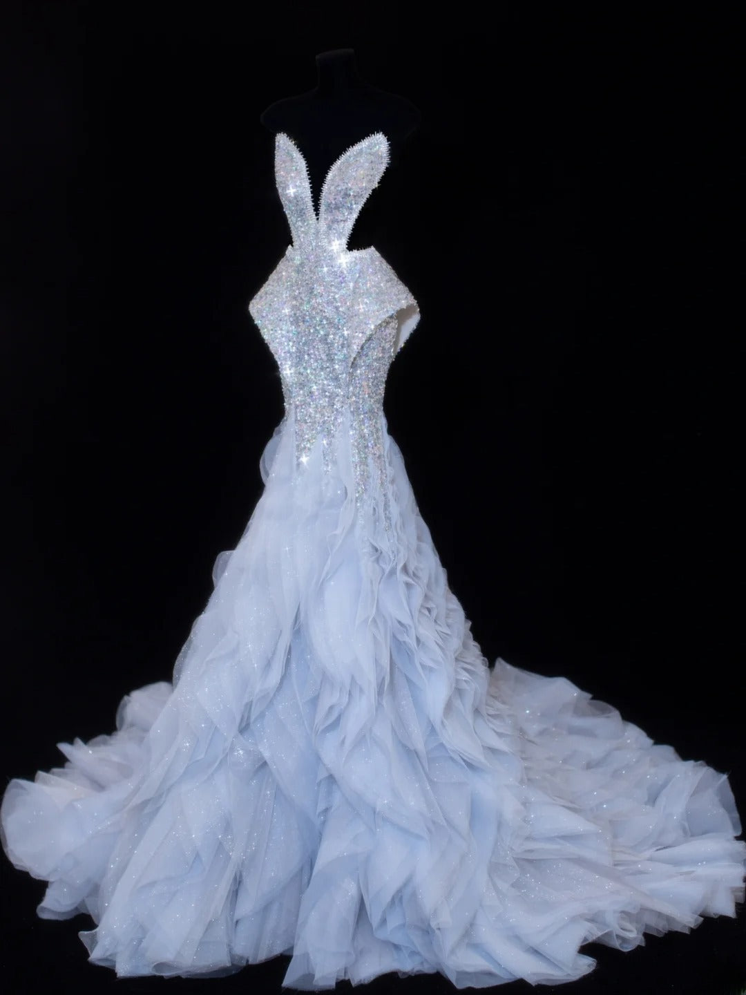 Paillettenbesetztes, trägerloses Meerjungfrauen-Abendkleid mit Falten, elegantes langes Tüllkleid für festliche Anlässe SA006