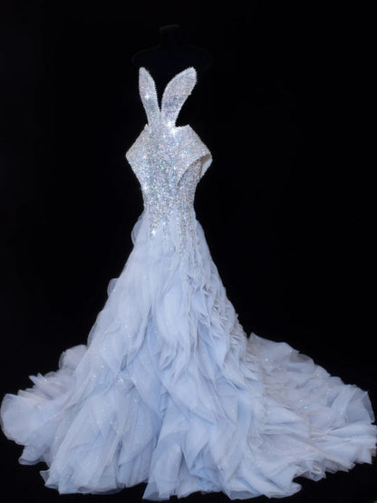 Paillettenbesetztes, trägerloses Meerjungfrauen-Abendkleid mit Falten, elegantes langes Tüllkleid für festliche Anlässe SA006