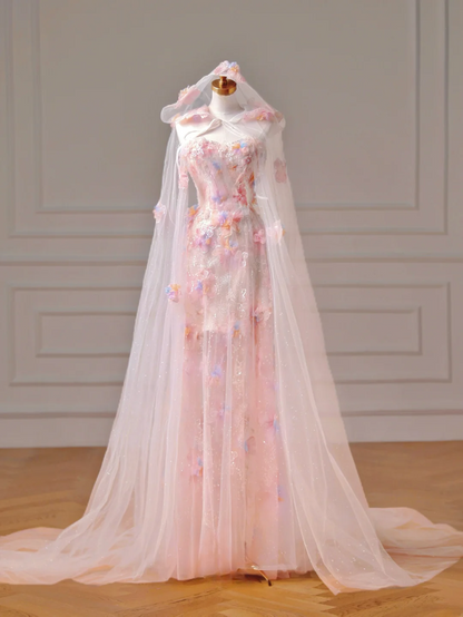 Robe de bal modeste, esthétique, coupe trapèze, bustier, dentelle rose et tulle, inspiration cape, robe de soirée longue pour adolescentes et lycéennes AQ006