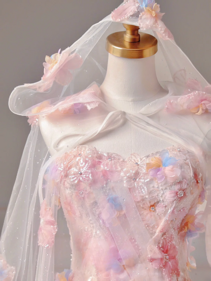 Robe de bal modeste, esthétique, coupe trapèze, bustier, dentelle rose et tulle, inspiration cape, robe de soirée longue pour adolescentes et lycéennes AQ006