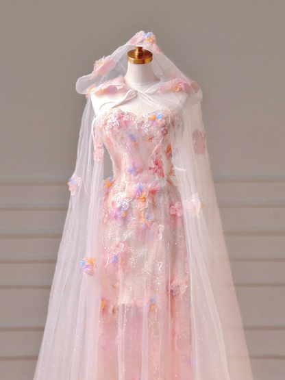 Robe de bal modeste, esthétique, coupe trapèze, bustier, dentelle rose et tulle, inspiration cape, robe de soirée longue pour adolescentes et lycéennes AQ006