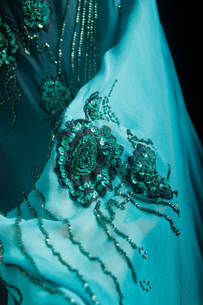 Einzigartiges Meerjungfrauen-Spaghettiträgerkleid in Blau im 90er-Jahre-Stil mit Perlen für Damen, langes formelles Ballkleid, Abendkleid zum 20. Geburtstag AS007