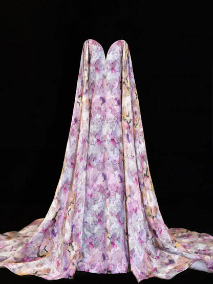 Robe de bal fleurie, coupe trapèze, décolleté cœur, cape, style mousseline, robe de bal longue et élégante, robe de soirée formelle SA007