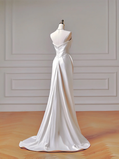 Timeless Long Wedding Gowns Mermaid Strapless Sleeveless Satin for Bride With Pleated Fitted Train Bridal Dress AQ007