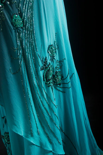 Einzigartiges Meerjungfrauen-Spaghettiträgerkleid in Blau im 90er-Jahre-Stil mit Perlen für Damen, langes formelles Ballkleid, Abendkleid zum 20. Geburtstag AS007