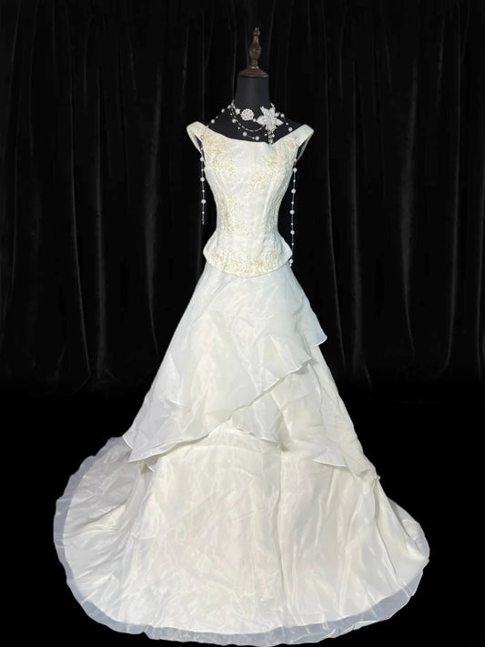 Vintage Wedding Gowns 1960s Dresses Simple Ball Gown Off The Shoulder for Bride With Beads Train White Petite/Plus Size Bridal Gown AS007