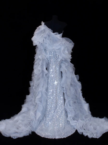 Robe de bal sirène à sequins, bustier et plissée, avec cape en tulle, robe de soirée longue et élégante SA008