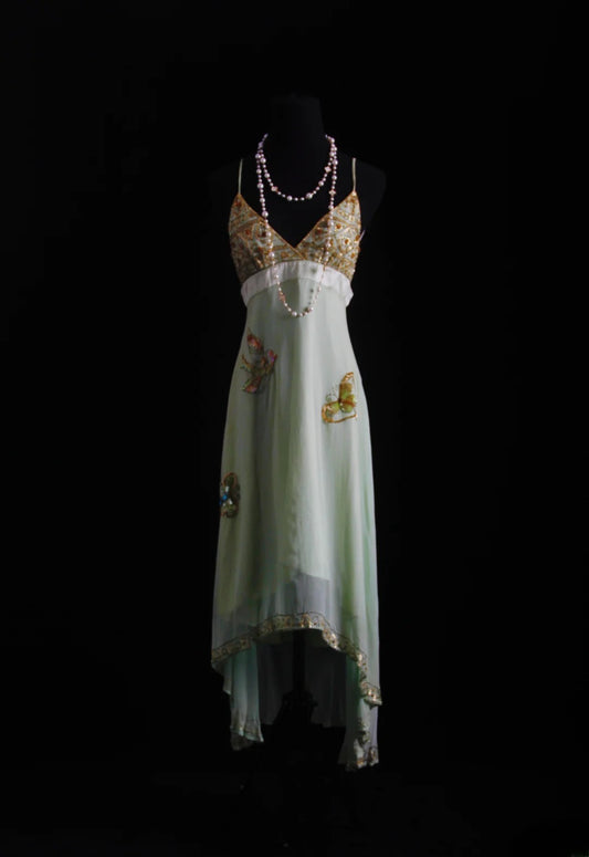 Retro-Kleid im 90er-Jahre-Stil mit asymmetrischem Saum, Spaghettiträgern, Perlen und Teelänge – ideal für Partys, formelle Anlässe und den 20. Geburtstag (AS008).