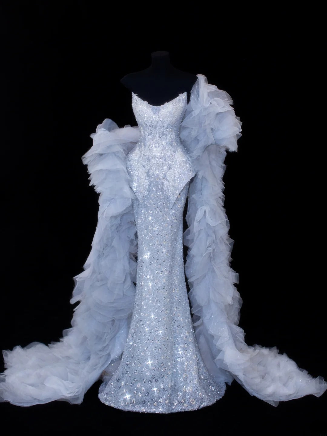 Robe de bal sirène à sequins, bustier et plissée, avec cape en tulle, robe de soirée longue et élégante SA008