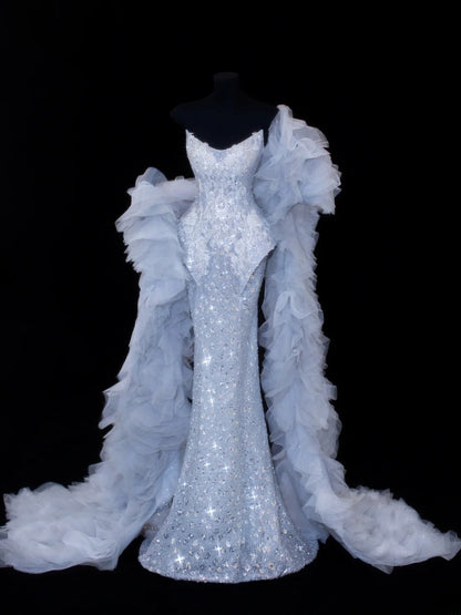 Robe de bal sirène à sequins, bustier et plissée, avec cape en tulle, robe de soirée longue et élégante SA008