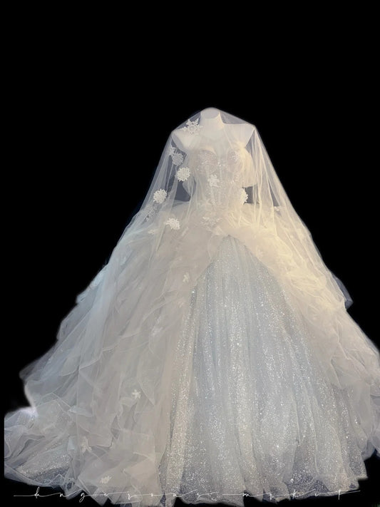 Ethereal Ball Gowns Off The Shoulder White Sequin With Cap Sleeves Tulle Garden Wedding Dresses RB3350