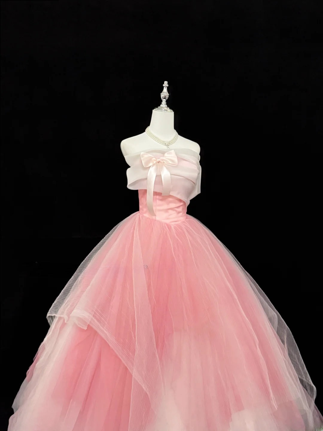 Sweety Prom Dresses Ball Gown Pink Strapless Sleeveless With Bow Tulle Evening Long Formal Dress RB7382