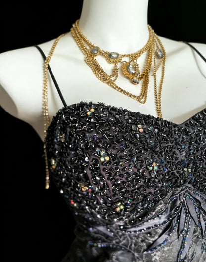 Einzigartiges Meerjungfrauen-Kleid mit Spaghettiträgern, grauer Spitze im 90er-Jahre-Stil mit Perlen, langes Partykleid, Ballkleid oder Kleid zum 20. Geburtstag AS008