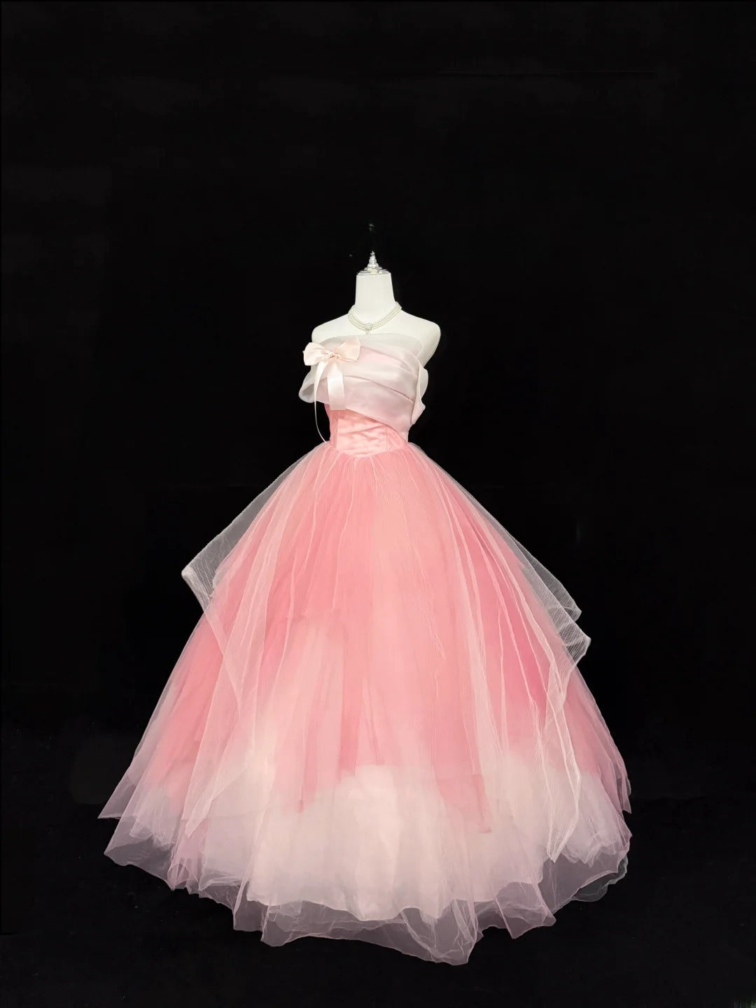 Sweety Prom Dresses Ball Gown Pink Strapless Sleeveless With Bow Tulle Evening Long Formal Dress RB7382