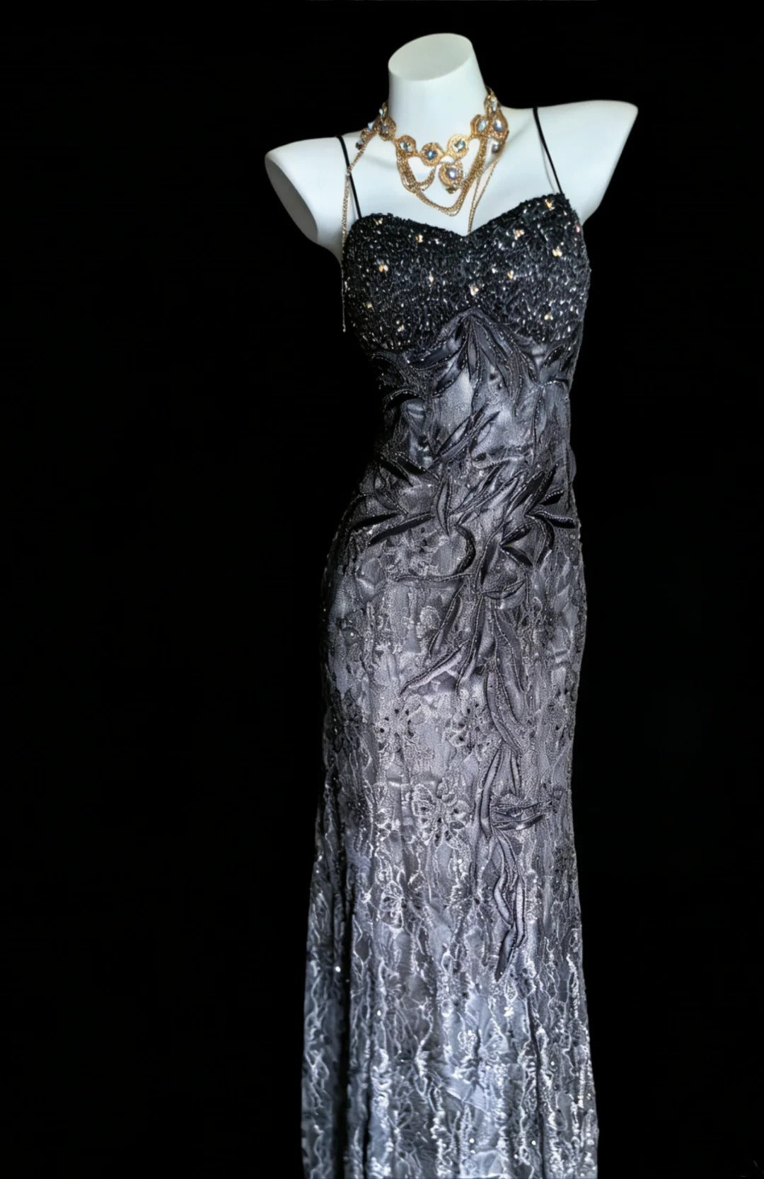 Einzigartiges Meerjungfrauen-Kleid mit Spaghettiträgern, grauer Spitze im 90er-Jahre-Stil mit Perlen, langes Partykleid, Ballkleid oder Kleid zum 20. Geburtstag AS008