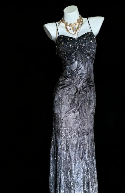 Einzigartiges Meerjungfrauen-Kleid mit Spaghettiträgern, grauer Spitze im 90er-Jahre-Stil mit Perlen, langes Partykleid, Ballkleid oder Kleid zum 20. Geburtstag AS008