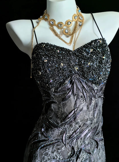 Einzigartiges Meerjungfrauen-Kleid mit Spaghettiträgern, grauer Spitze im 90er-Jahre-Stil mit Perlen, langes Partykleid, Ballkleid oder Kleid zum 20. Geburtstag AS008