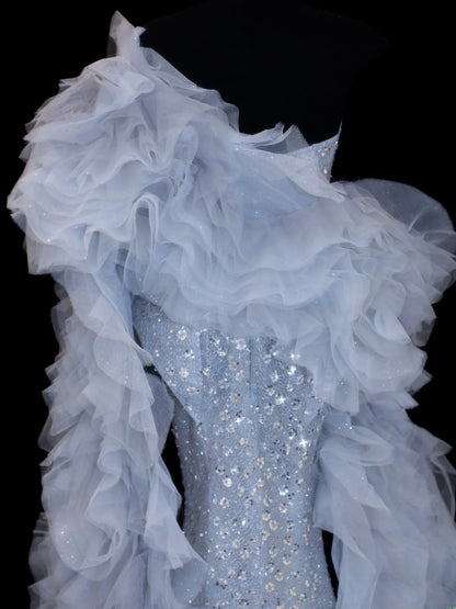 Robe de bal sirène à sequins, bustier et plissée, avec cape en tulle, robe de soirée longue et élégante SA008