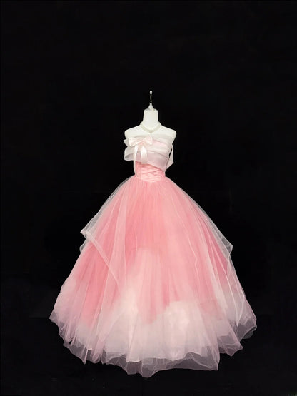 Sweety Prom Dresses Ball Gown Pink Strapless Sleeveless With Bow Tulle Evening Long Formal Dress RB7382