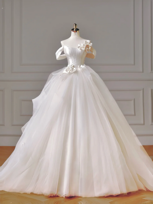 Princess Long Wedding Gowns Ball Gown Off The Shoulder Short Sleeves Pleated Tulle for Bride With Flower Train White Bridal Dress AQ008