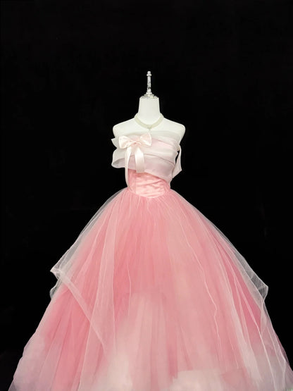 Sweety Prom Dresses Ball Gown Pink Strapless Sleeveless With Bow Tulle Evening Long Formal Dress RB7382