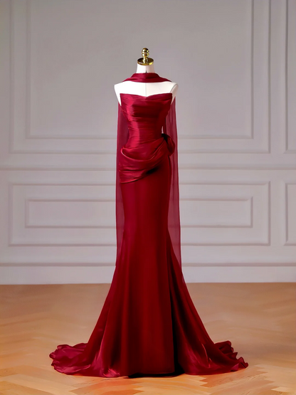 Elegantes, burgunderrotes Meerjungfrauen-Abendkleid mit Schal und Faltenrock – ein beeindruckendes, langes Abendkleid für Teenager und Schülerinnen (AQ009).