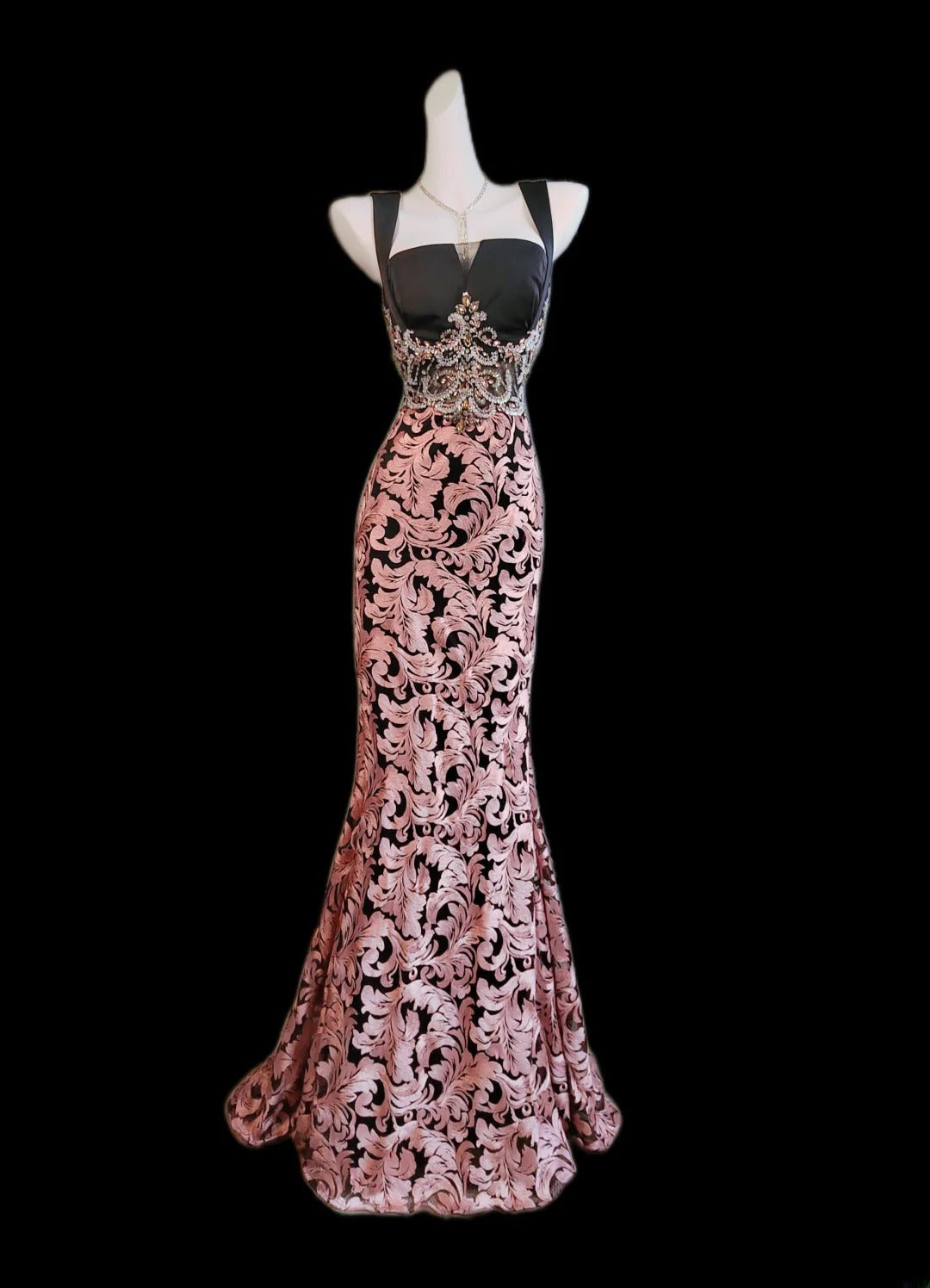 Robe de bal longue sans manches, col carré, dentelle rose florale, style sirène, à encolure carrée, idéale pour les fêtes de fin d'année scolaire (AS009)